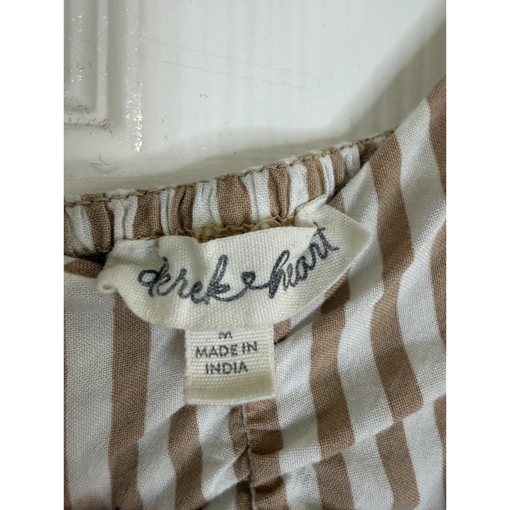 Derek Heart Romper Womens Medium Tan White Striped Excellent Tie Shoulder Smock - Picture 2 of 8
